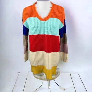 Dress Up Colorful Striped Tunic Sweater V Neck Frayed Trim Size S